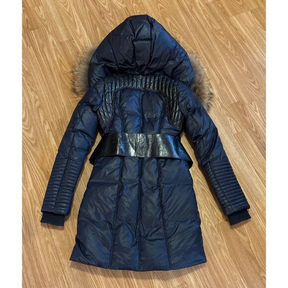 Rudsak Womens TP/XS Navy Down Long Coat With Fur Trim Hood Leather Accents - Picture 8 of 16